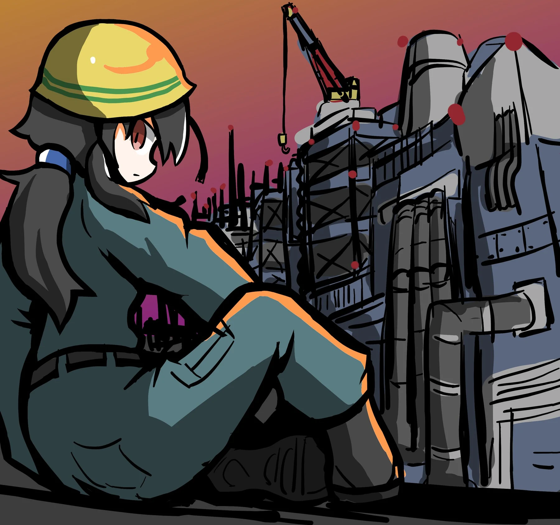 工業地帯を背景にしたキャラクターイラスト