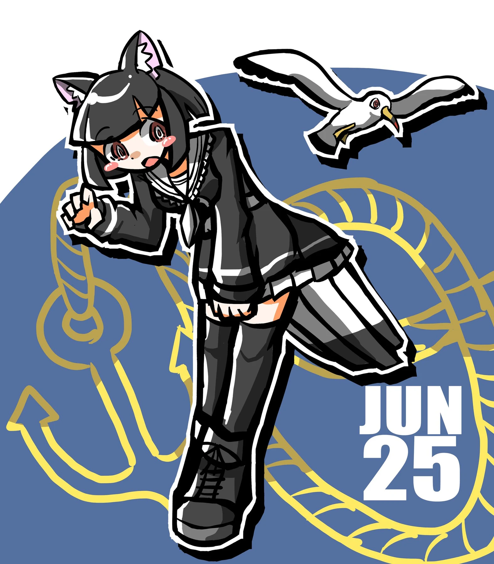 制服のキャラクターとカモメのイラスト